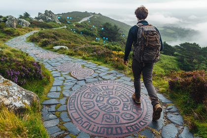 Hiker on Decorated Stone Path