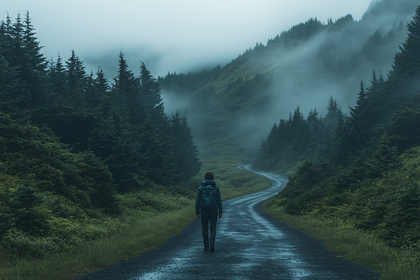 Hiker on Foggy Mountain Road