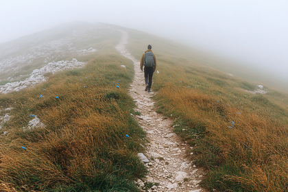 Hiker on Foggy Mountain Trail