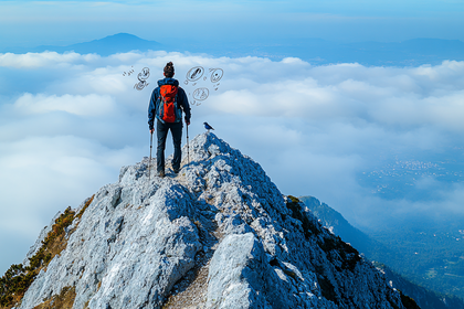 Hiker On Mountain Peak Contemplating