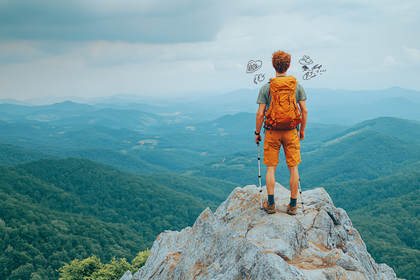 Hiker On Mountain Peak Overlooking Valley