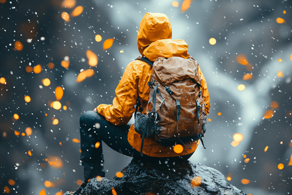 Hiker Resting in Snowy Weather