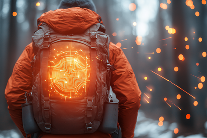 Adventurer with Tech-Enhanced Backpack in Nature