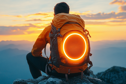 Hiker with Glowing Backpack at Sunset