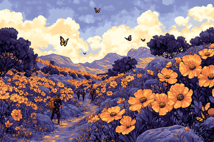 Hikers Among Blooming Flowers