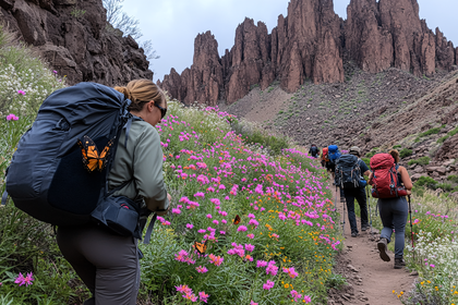 Hikers Among Wildflowers in Mountainous Terrain