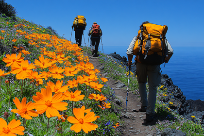 Hikers among Wildflowers near Ocean
