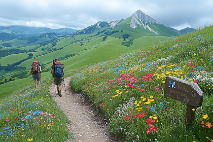 Hikers on a Flower Meadow Trail