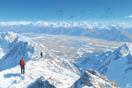 Hikers on Snowy Mountain Ridge