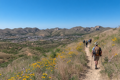 Hikers On Trail Through Hills