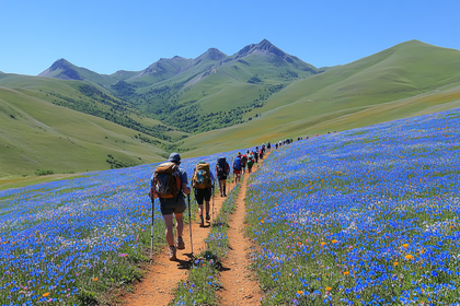 Hikers Trekking Through Flower Field