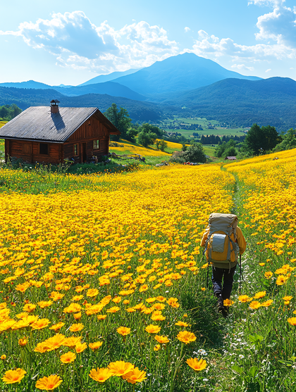 Hiking Through a Field of Yellow Flowers