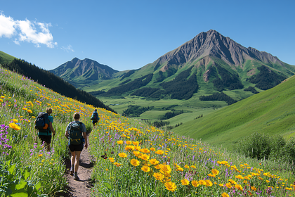 Hiking Through Wildflower Meadow in Mountains