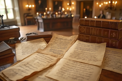 Historical Documents and Books on Wooden Table