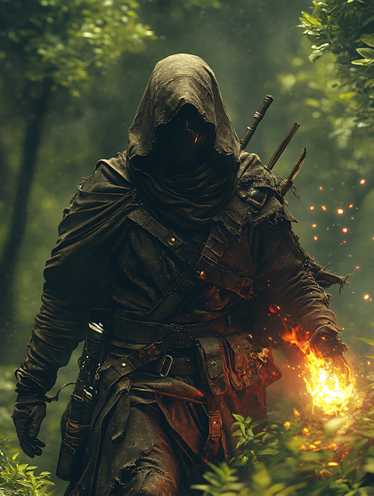 Hooded Figure Conjuring Fire in Forest