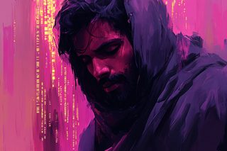 Hooded Figure in Pink Cityscape
