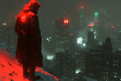 Hooded Figure Overlooking Neon City
