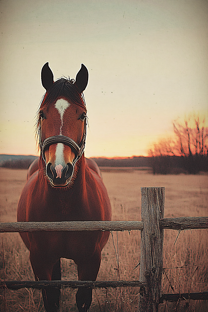 Horse At Sunset Pasture Fence