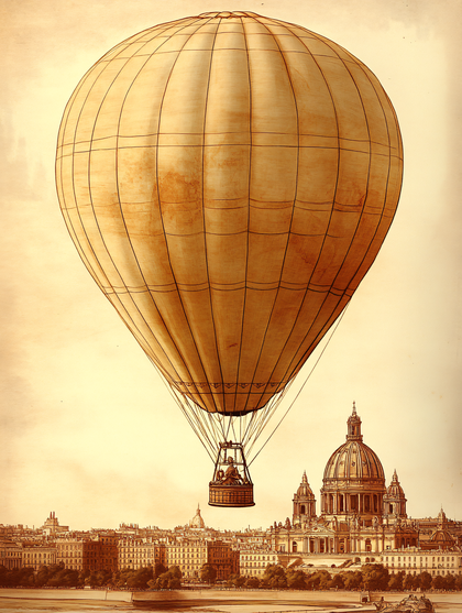 Hot Air Balloon Over Cityscape With Cathedral