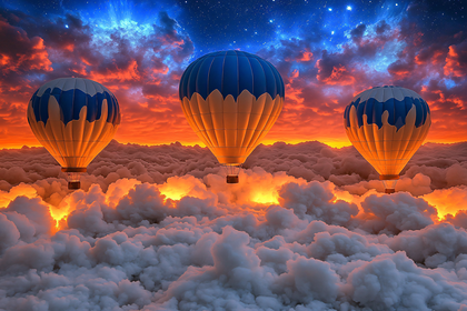 Hot Air Balloons Above Clouds at Sunset
