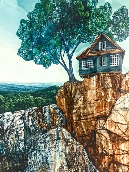 House On Cliff With Tree