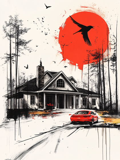 House with Red Sun and Birds