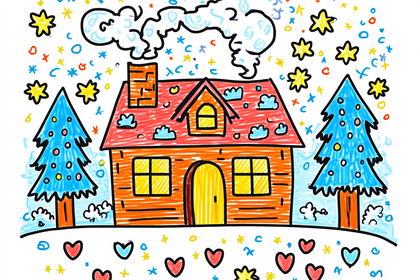 House With Trees And Stars Drawing