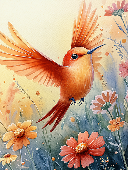 Hummingbird Among Flowers