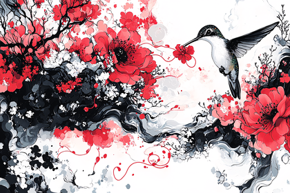 Hummingbird and Red Flowers Ink Style
