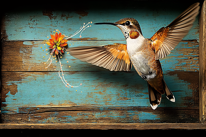 Hummingbird Delight On Rustic Wood