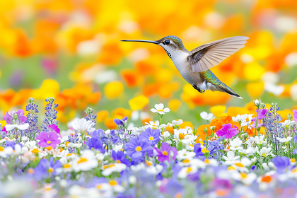 Hummingbird Hovering Over a Field of Wildflowers