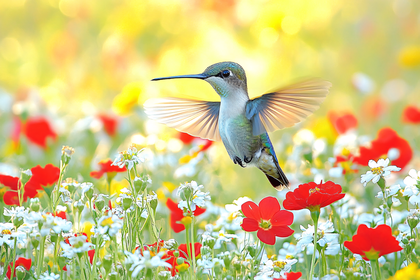 Hummingbird in Flight over Wildflowers