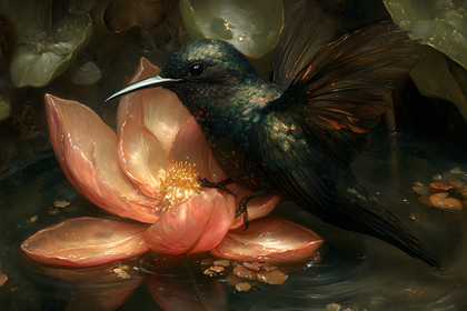 Hummingbird on Lotus Flower