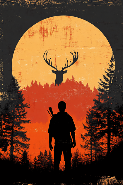 Hunter Silhouette In Forest Under Full Moon