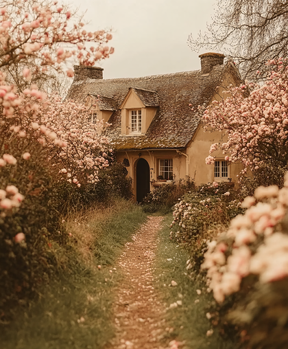 Idyllic Cottage Path Through Pink Blooms
