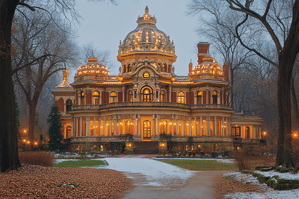 Illuminated Mansion In Winter