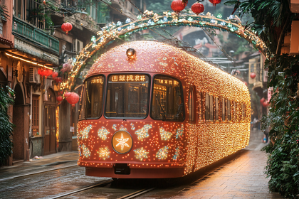 Illuminated Tram on Wet Street