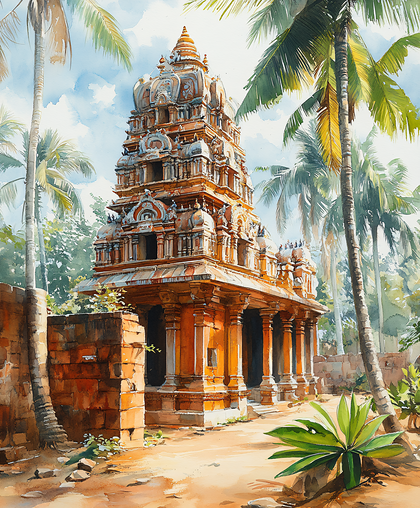 Indian Temple Amidst Palm Trees