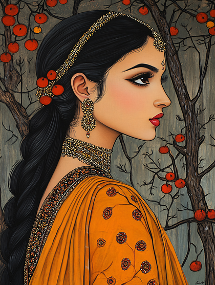 Indian Woman Portrait With Red Fruit Trees