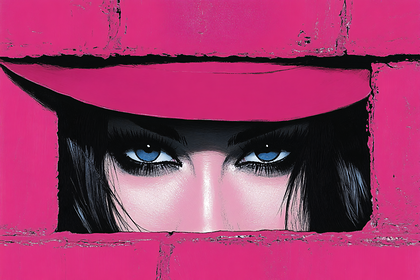 Intense Gaze Behind Pink Bricks