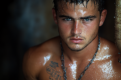 Intense Gaze of a Wet Man