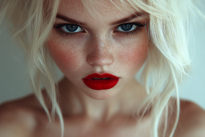 Intense Gaze of Freckled Blonde Woman