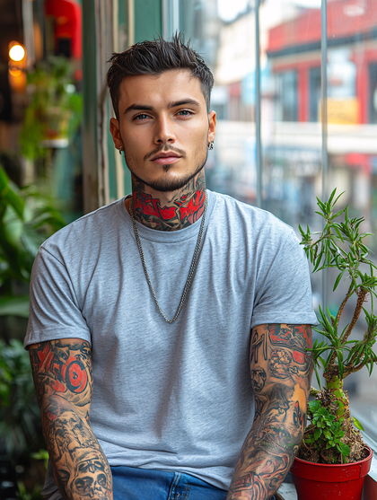 Intense Portrait Of A Tattooed Man In Urban Setting