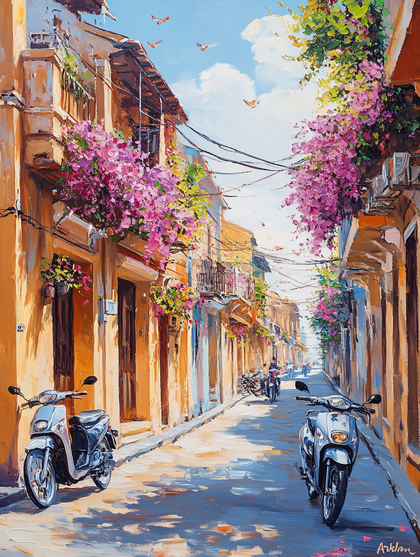 Italian Street Scene With Scooters And Flowers