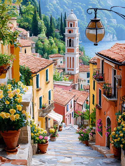 Italian Town Street Scene With Bell Tower