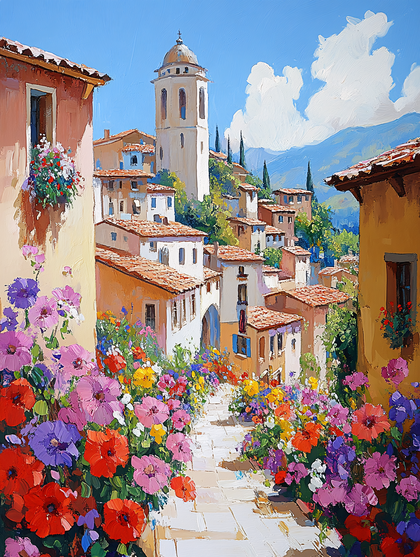 Italian Townscape with Blooming Flowers