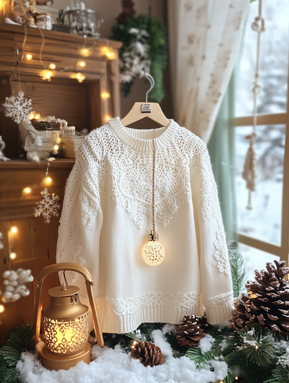 Ivory Knit Sweater With Christmas Ornaments
