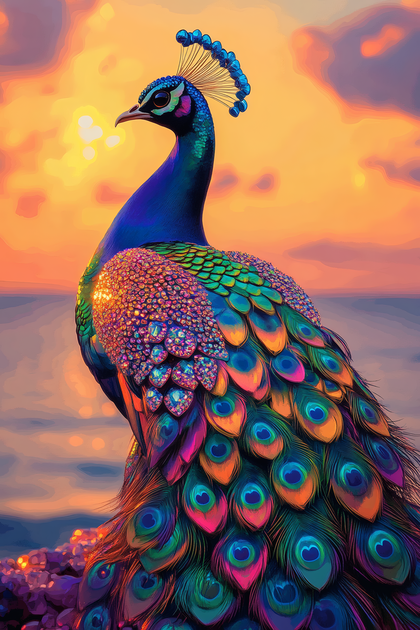 Jeweled Peacock Against Sunset
