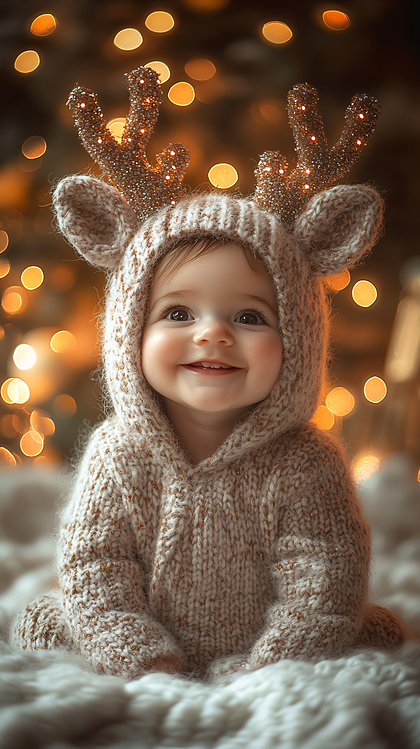 Joyful Baby In Knitted Reindeer Costume