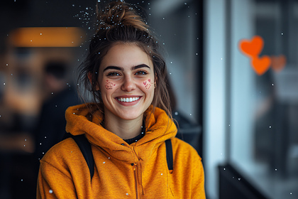 Joyful Woman In Orange Hoodie With Confetti